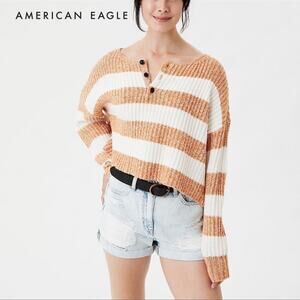 American Eagle Outfitters Cropped Henley Striped Sweater Size M